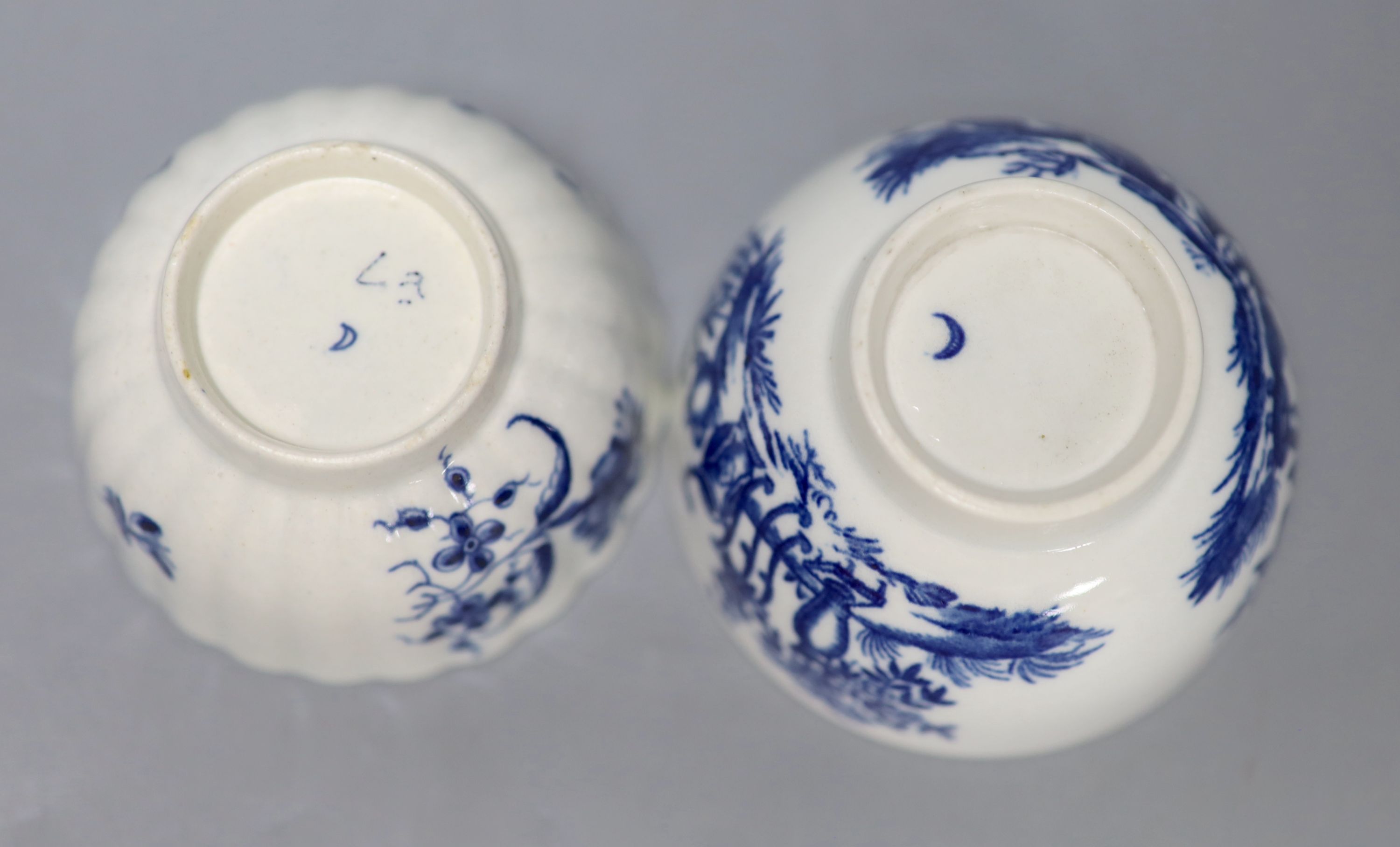 An 18th century Worcester teabowl and saucer Gilliflower pattern and another with mother and child pattern, all with crescent marks